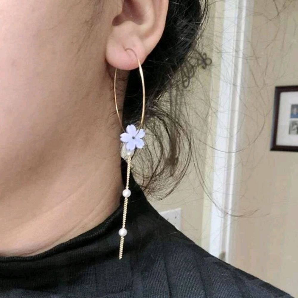 Gold Hoop Flower Dangle Earrings Pearl Chain Purple Fairy Coquette 💖2/$30 - Picture 7 of 10
